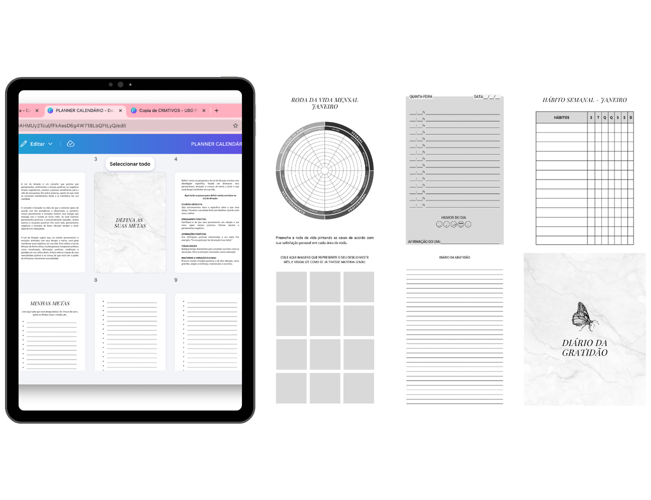 Mockup dos planners financeiro e calendário em estilo black & white em tablet e páginas avulsas