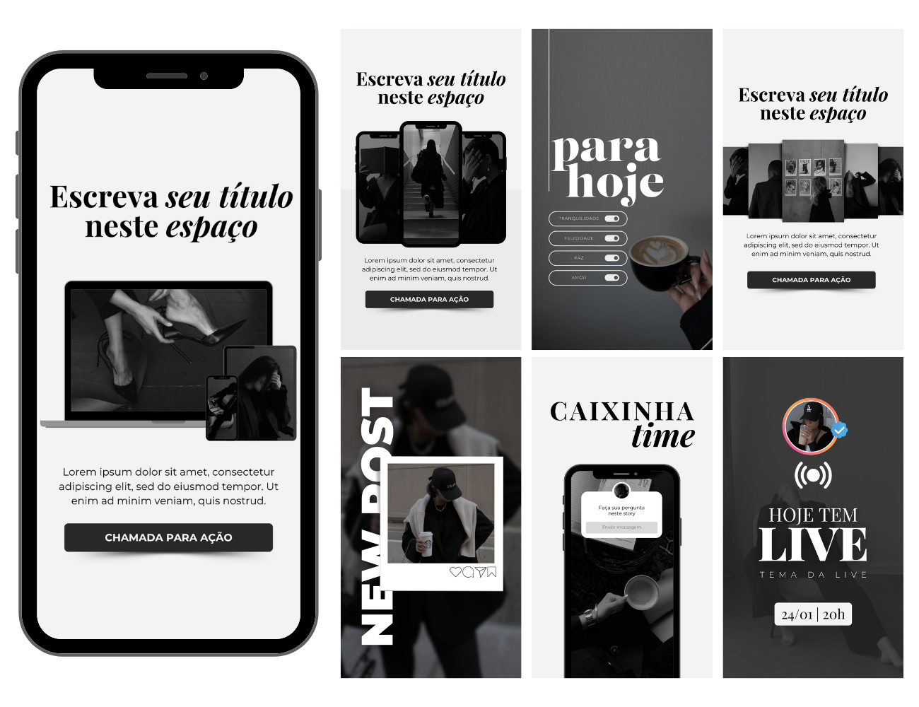 Mockup de 20 stories editáveis em estilo black & white exibidos em monitor e celular