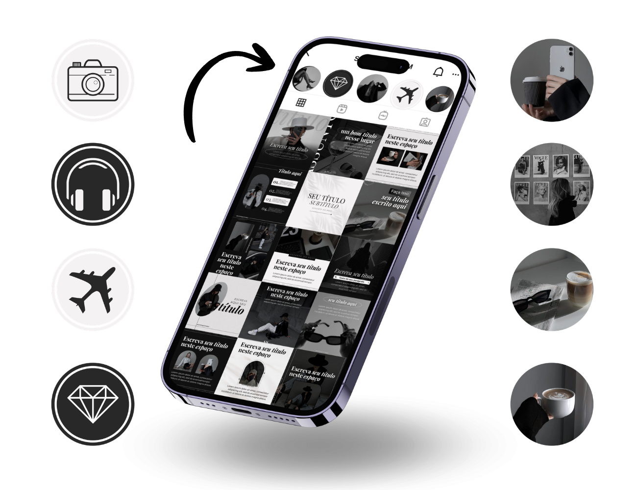 Celular com 64 capas de destaque do Instagram em preto e branco